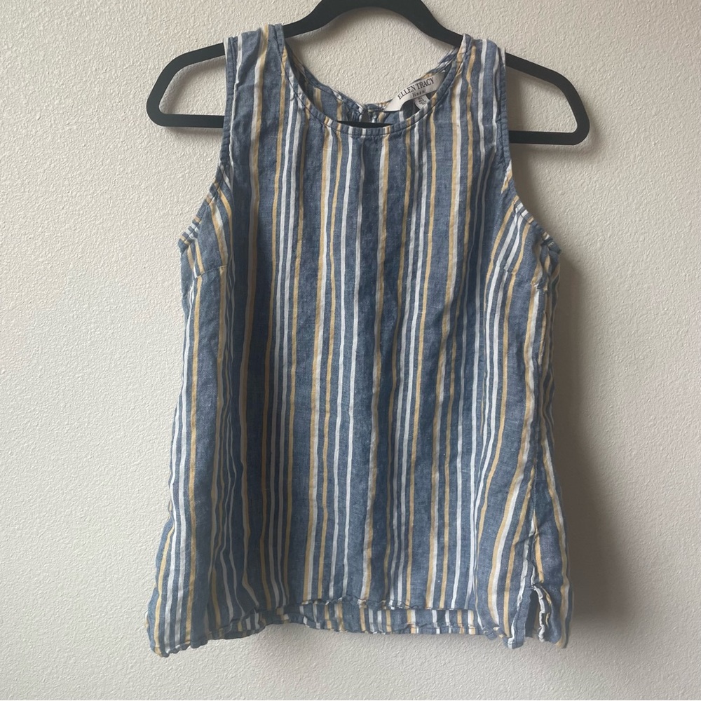 Ellen Tracy Women’s Large Striped Sleeveless Linen Top - Blue and Yellow